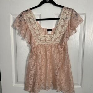 Co-Me Como pink/ivory lace top sz S, cottagecore, romantic, sheer, sexy, unique